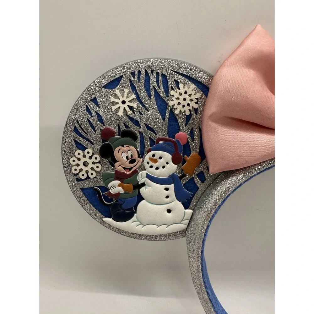 Disney Parks 2023 Christmas Mickey Minnie Snowman Glitter Ear Headband‎ Pink Bow